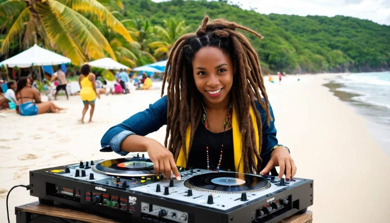 Beautiful young Jamaican woman with dreadlocks DJ mixing record beats on the beach、Will o&#39; Wisp drawing ink art leading you astray、Beautifully detailed digital illustrations, Line art, PENeonUV(Peneon UV)