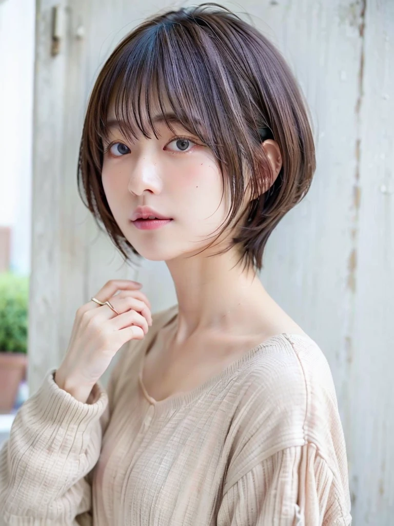 (highest quality、8K、32K、masterpiece、nffsw:1.2)、photo of cute japanese woman、long sleeve dress、very short hair、Photographed in natural light、Upper body、surface focus、simple necklace、Taken in front of the white door、From above、looking at the viewer、mix 4、(8K、Raw photo、highest quality、masterpiece:1.2)、(realistic、Photoreal:1.37)、1 girl、photon mapping、Physically based rendering、Handsome、excellent image quality、High resolution、1080P、(clean face)、(Detailed facial description)、(detailed description of handasseter muscle part)、(Detailed CG)、hair is dirty、masterpiece、rich details、(exquisite features)、(best image quality)、(masterpiece)、(detailed eye)、looking forward to your eyes、delicate clavicle、Versatile poses