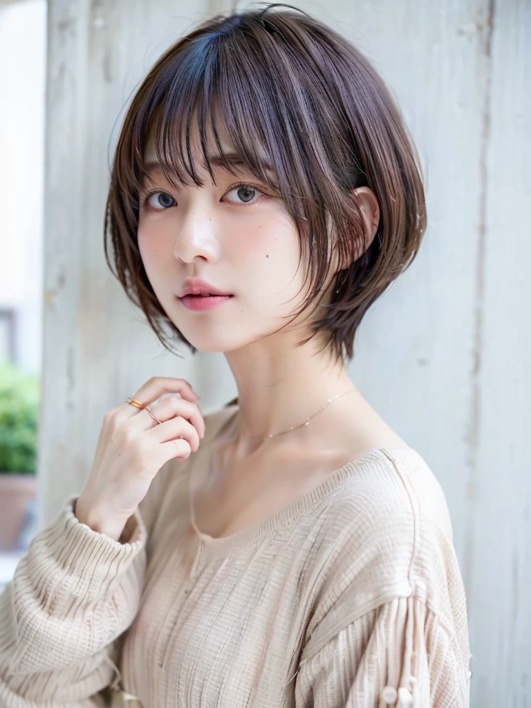 (highest quality、8K、32K、masterpiece、nffsw:1.2)、photo of cute japanese woman、long sleeve dress、very short hair、Photographed in natural light、Upper body、surface focus、simple necklace、Taken in front of the white door、From above、looking at the viewer、mix 4、(8K、Raw photo、highest quality、masterpiece:1.2)、(realistic、Photoreal:1.37)、1 girl、photon mapping、Physically based rendering、Handsome、excellent image quality、High resolution、1080P、(clean face)、(Detailed facial description)、(detailed description of handasseter muscle part)、(Detailed CG)、hair is dirty、masterpiece、rich details、(exquisite features)、(best image quality)、(masterpiece)、(detailed eye)、looking forward to your eyes、delicate clavicle、Versatile poses