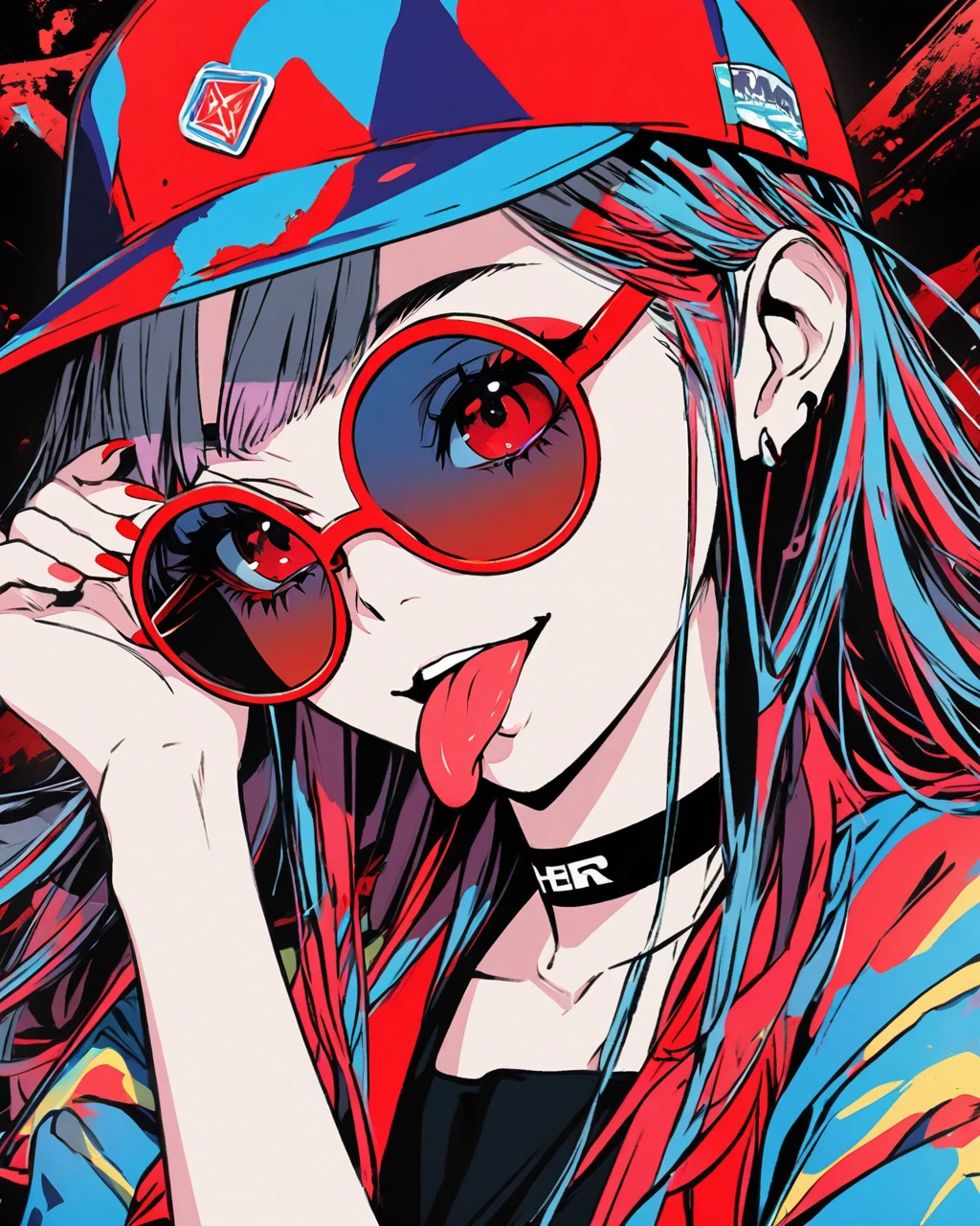 A digital art of a girl with a playful expression, sticking out her tongue and touching her cheek with her hand. She wears a blue baseball cap, round red sunglasses, and a black choker. Her hair is messy and dark, with strands falling over her face. The background is solid red, creating a vibrant and edgy atmosphere. The girl has red eye makeup, matching her sunglasses, and her nails are painted red. The style is modern and slightly exaggerated, typical of anime or manga illustrations.