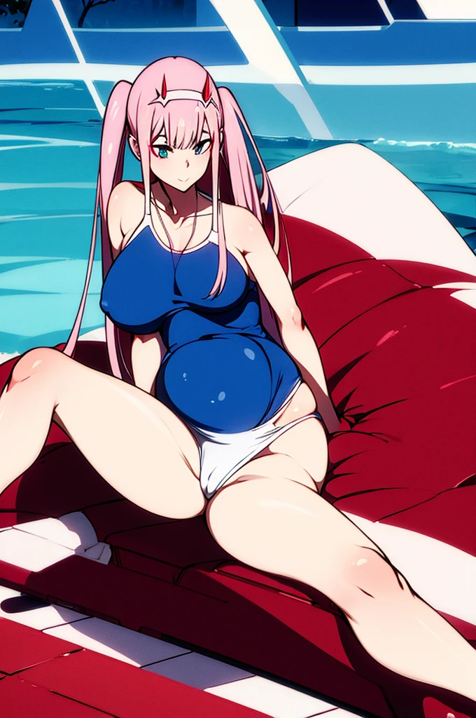 Zero Two, sexy pose, sitting, swimsuit 1 month pregnant