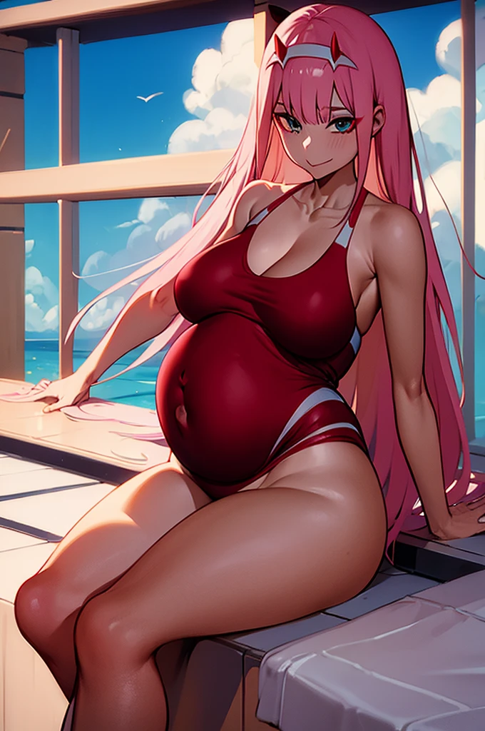 Zero Two, sexy pose, sitting, swimsuit 1 month pregnant