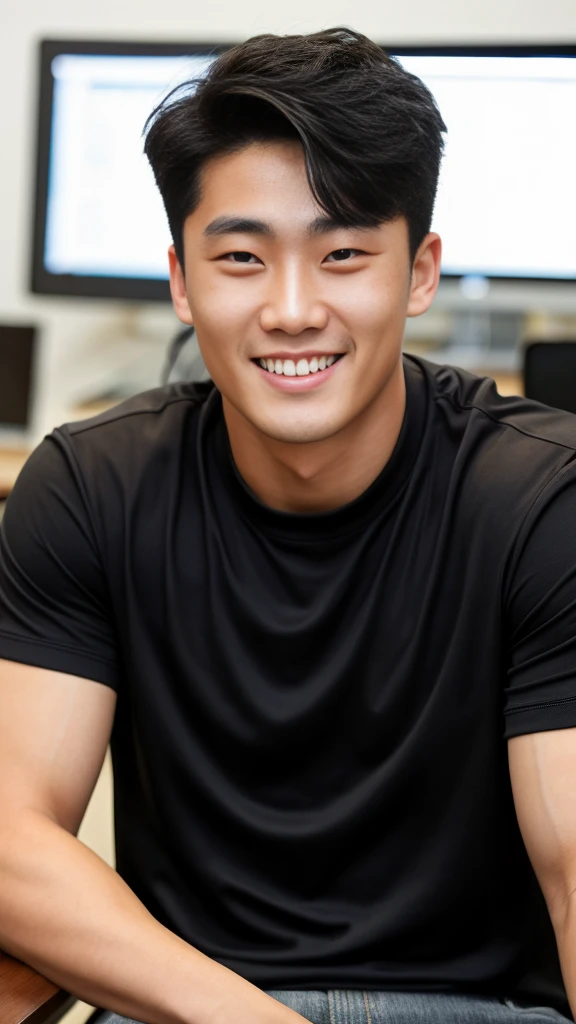 ((realistic daylight)) , Young Korean man in only a black sports shirt, no stripes, and jeans., A handsome, muscular young Asian man looks at the camera. , In a computer shop ,turn sideways, smile