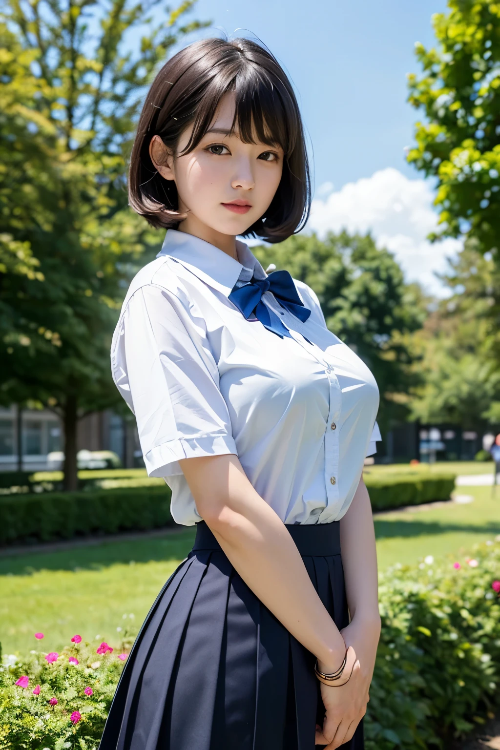 (Highest quality, 8k, 32K, masterpiece, Ultra-high resolution:1.2), Cute Japanese Girl, (Huge breasts:1.1), Short black hair, bangs,tall, (school uniform), Tight waist, (Outdoor, garden, blue sky),(high school girl),