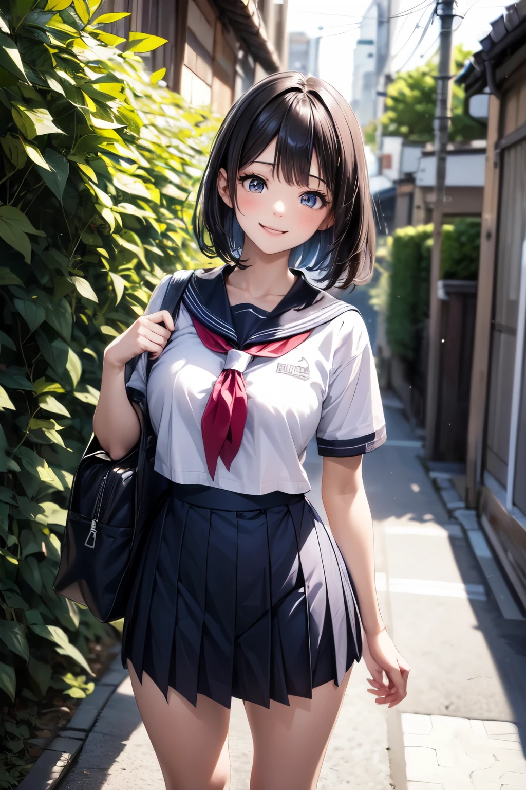 very cute and beautiful girl,(highly detailed beautiful face and eyes),(smile:1.2),looking at viewer,
black hair,serafuku,(pleated navyblue mini skirt),standing,exposing thigh,holding school bag,
narrow alley in tokyo,stone wall in front of modern building,trees,shrubbery,
(best quality,masterpiece),absurdres,highres,ultra-detailed,extremely detailed,32k,8k resolution,
intricate details,cinematic scene,detailed background,solo,dynamic angle,