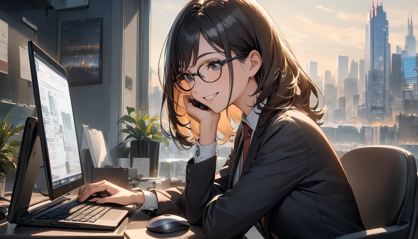 Office workers working on a computer,Portraiture,Professional,Wearing a smart suit,Stylish glasses,Typing on a sleek laptop,Use a wireless mouse,Sitting at a modern desk,Smile confidently,City skyline in the background,Soft natural light,High resolution,High resolution,Very detailed.One Woman ,alone