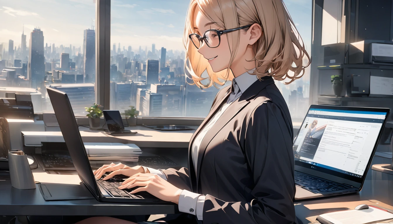 Office workers working on a computer,Portraiture,Professional,Wearing a smart suit,Stylish glasses,Typing on a sleek laptop,Use a wireless mouse,Sitting at a modern desk,Smile confidently,City skyline in the background,Soft natural light,High resolution,High resolution,Very detailed.One Woman ,alone