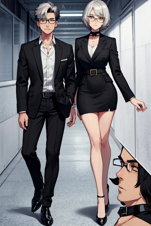 male, black short hair with silver highlights, yellow eyes, (((1boy))), (((black blazer))), (white dress shirt), (black pants), (black dress shoes), (glasses), (black belt), handsome, long legs, smiling, young