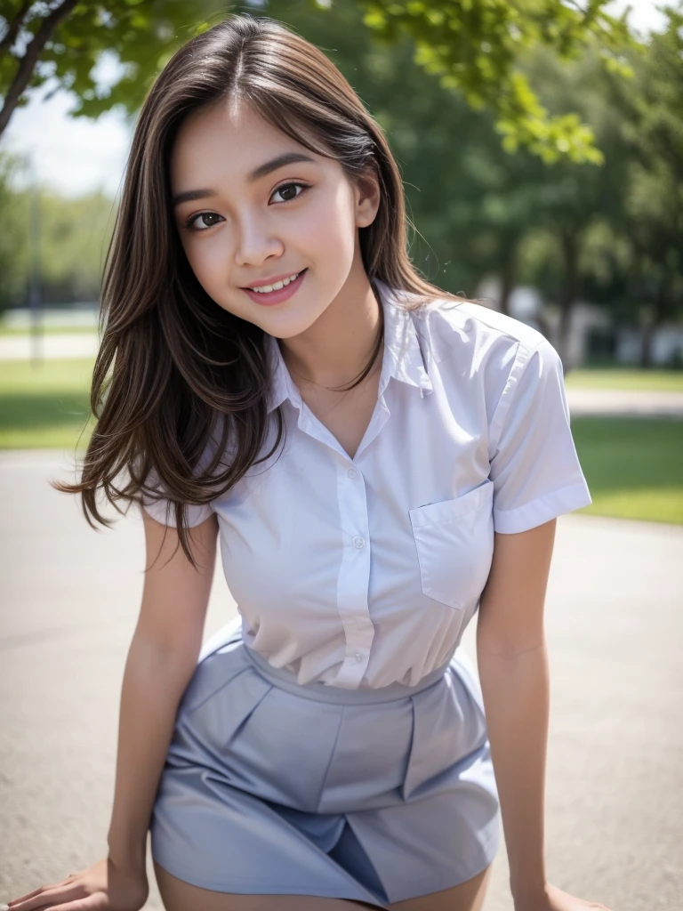 1girl, solo, (uniform), standing distance from Camera, outdoors, detailed face, seductive smile, detailed eyes, thick breasts, smooth skin, tight white shirt, grey blue short skirt, looking at the audience, low angle shot,(8k, RAW photo, best quality, masterpiece: 1.2), (realistic, realistic: 1.37), ultra-high resolution