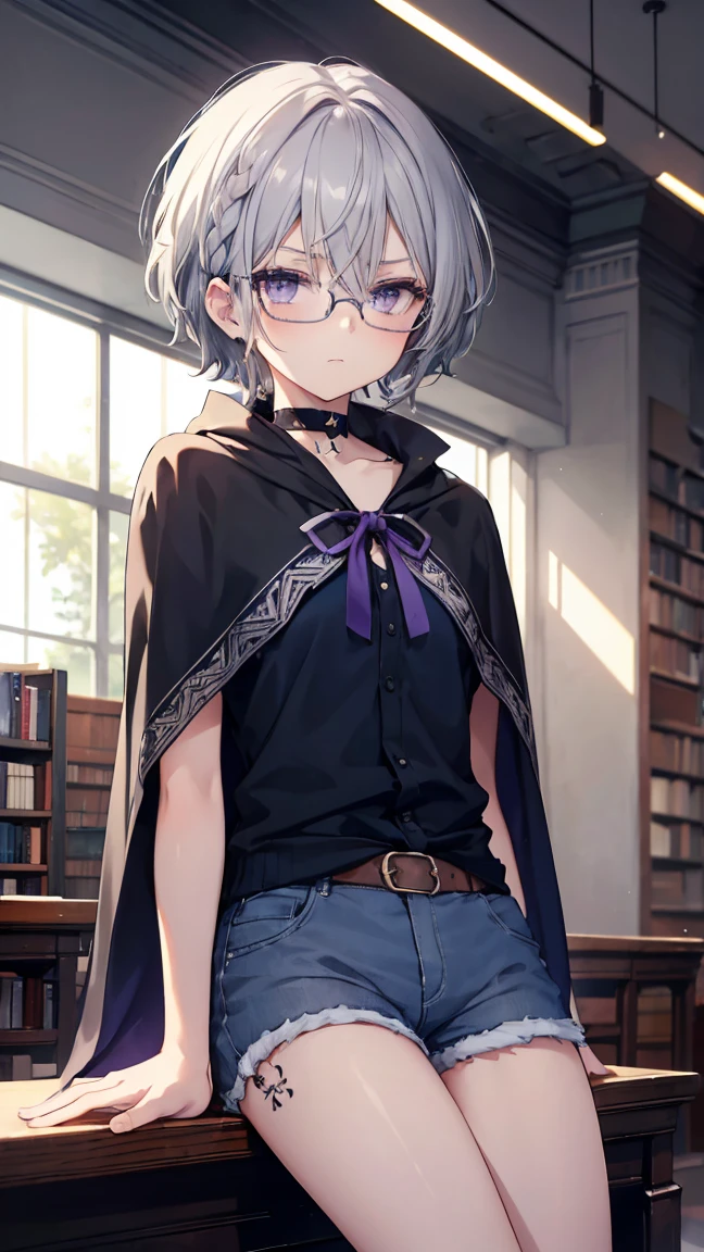 High resolution,high resolution,Girl,(Braiding,Gray Hair,Short Hair,Blue accent color),Purple Eyes,Slanted Eyes,Bad mood,boyish,slender,glasses,sit,Tattoo,library,Shorts,blouse,choker,Cape,