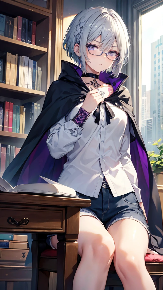 High resolution,high resolution,Girl,(Braiding,Gray Hair,Short Hair,Blue accent color),Purple Eyes,Slanted Eyes,Bad mood,boyish,slender,glasses,sit,Tattoo,library,Shorts,blouse,choker,Cape,