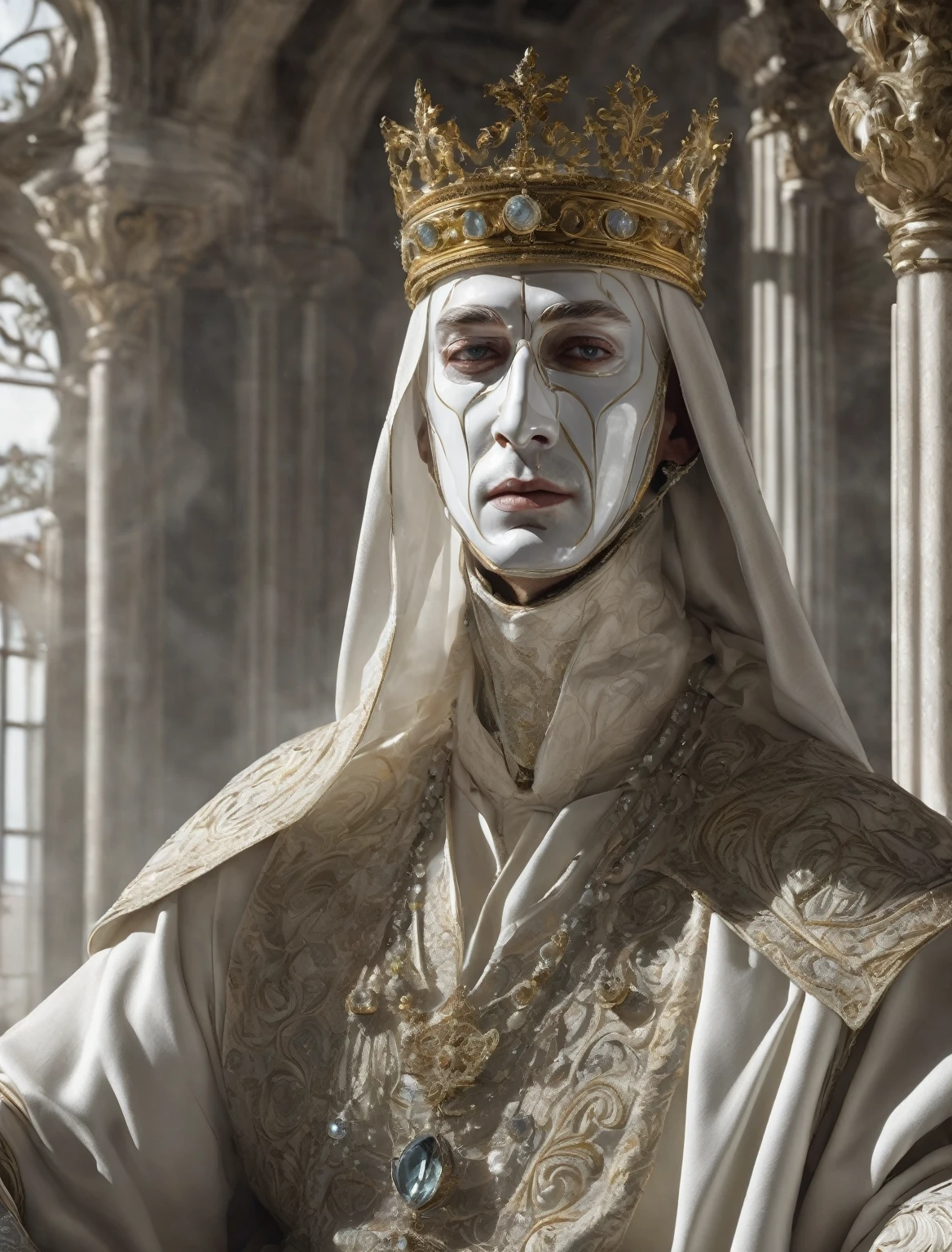 {
  "prompt": "A painting of Baldwin IV, the leper king of Jerusalem, wearing a simple metallic mask that covers his entire face but has realistic eye openings showing his expressive eyes. He is dressed in a long, ornate white tunic with a decorative belt and a white headdress that drapes over his shoulders. The background is dark, contrasting with the bright and reflective qualities of the mask.",
  "size": "1024x1024"
}
