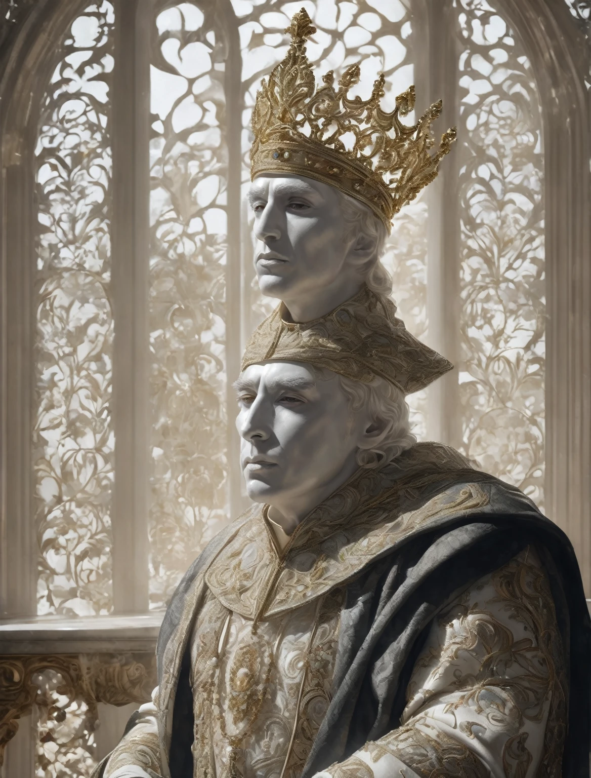 a hyper realistic portrait of baldwin iv , seated at a white glasshouse thrown, glassey marble white mask, glassy mask, white, detailed elegant ornate jewelry, intricate crown, extremely detailed facial features, piercing eyes, dramatic chiaroscuro lighting, muted color palette, baroque style, dramatic shadows, masterfully painted with 4k glass designs, textures 4k