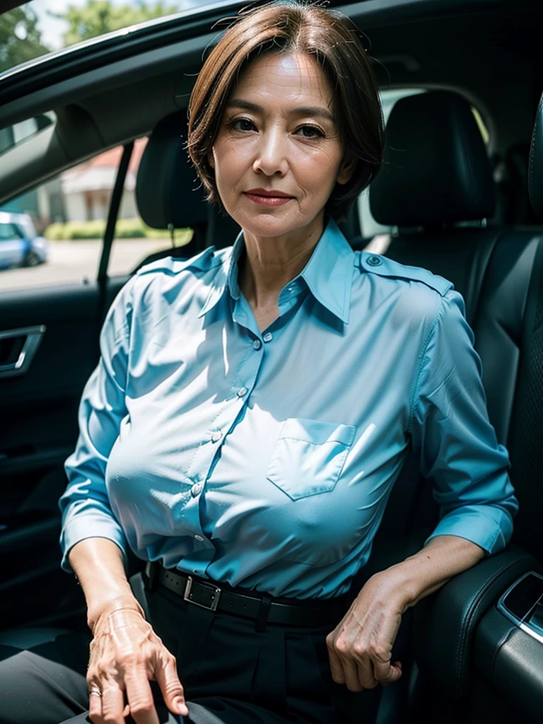 (masterpiece:1.4), (63-year-old woman:1.5),(facial wrinkles :1.2), (((solo : 1.3))), (((looking down at viewer : 1.3))), short hair, (smirking), (arrogant), beautiful Mature Woman, wide hips, (police uniform : 1.3), (light blue shirt, black pants, breast pocket, black-belt, name tag, Uniform patch, police badge), pores, dull skin, realistic detailed skin, sitting in a car,
