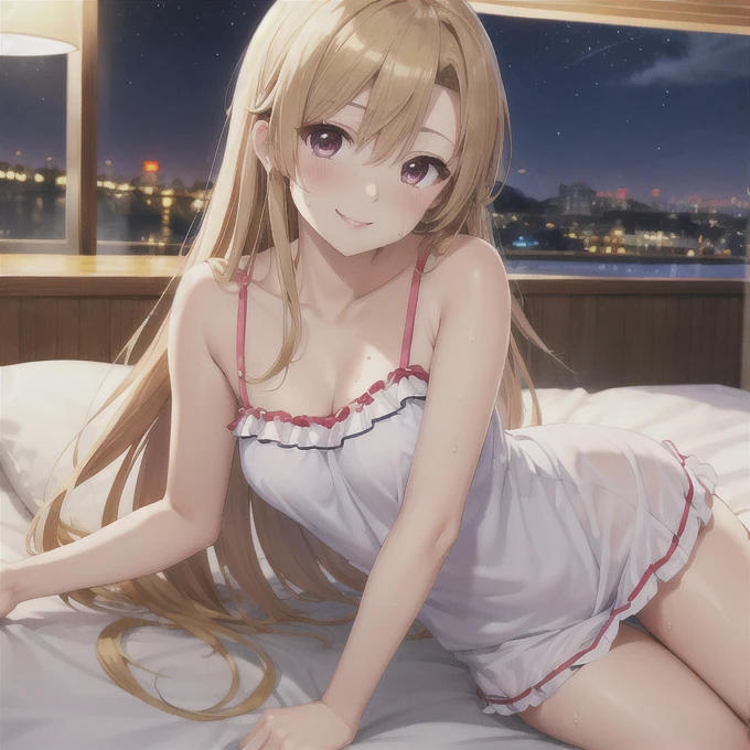 yuuki asuna,gold eye,camisole,frill,sweat,straight-on,look at viewer,Smile, in the night,bed