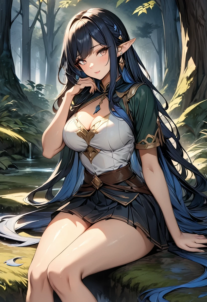 high quality, 4k, 8k, highres, HDR, UHD, masterpiece, ultra-detailed, a beautiful elf woman in a dark fantasy forest, sitting pose, creative angle, mature woman. short skirt, natural clothing, extremely detailed face, long flowing hair, dark blue hair, curious expression, sitting under a large tree, anime style, highly detailed, 8k, fantasy art, magical atmosphere, mossy ground, dark setting, demonic forest, glowing eyes, pointed ears, detailed dress, intricate details, fantasy landscape, simple background
