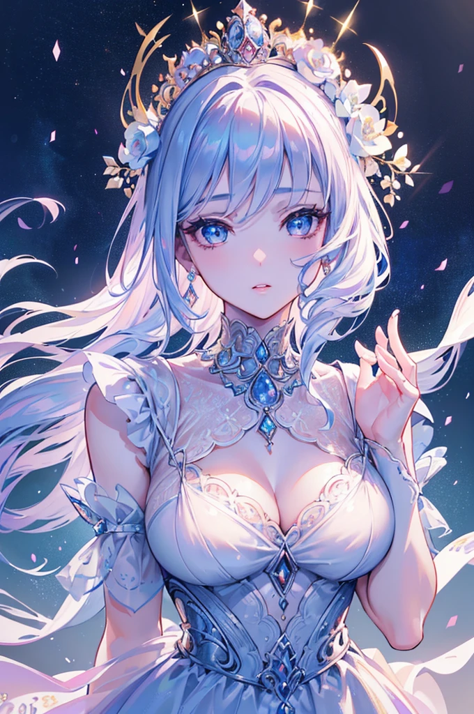 a beautiful princess, 1girl, detailed face, beautiful eyes, long eyelashes, delicate lips, elegant hairstyle, crown, beautiful detailed dress, intricate jewelry, fantasy castle, glowing magical aura, (best quality,4k,8k,highres,masterpiece:1.2),ultra-detailed,(realistic,photorealistic,photo-realistic:1.37),vibrant colors,cinematic lighting,digital art