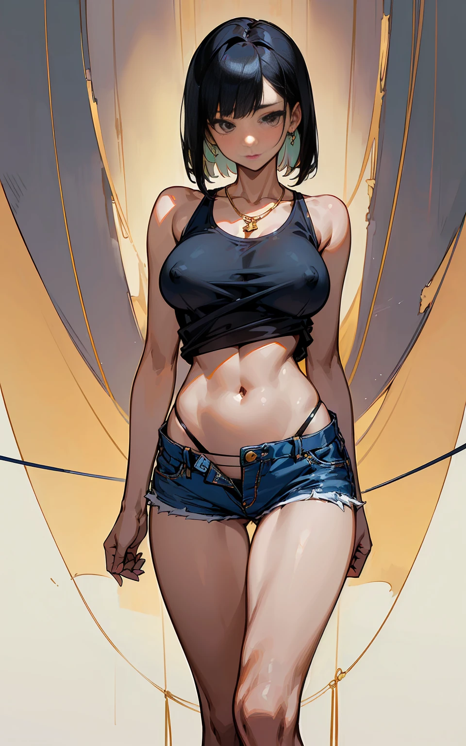 (masterpiece、Highest quality)、NSFW、(masterpiece、Highest quality:1.2)、1 person、solo、M字Leg spread、Leg spread座り、White string panties、Open legs、Legs open、Leg spread、(Big Tits、Big Breasts、Transparent breasts)、In town、congestion、belly button、Thigh、(Big Tits、Big Breasts、Transparent breasts)、(Erect nipples、black tank top shirt、black bra top、Low rise、belly button、Navy blue denim short skirt、Micro Mini Skirt、White string panties、Gold Necklace)、(Big Tits、Big Breasts)、(tall、Toned body、slim body、Brown Skin、Sunburn、Big Breasts)、(Slanted Eyes、Dark Eyes)、(Sexy look、Erotic look、Estrus、Lust)、((black hair medium straight、Black hair medium bob))、In town、Female teacher, 23 years old、Rumiko Honjo、((masterpiece))、((Highest quality))、((detailed)、((Adult female))、photograph、美しくdetailedな顔、detailedな目、独奏、