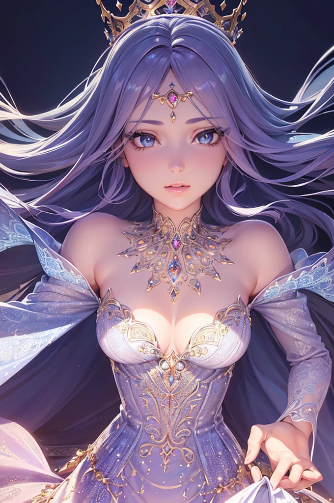a beautiful princess, 1girl, detailed face, beautiful eyes, long eyelashes, delicate lips, elegant hairstyle, crown, beautiful detailed dress, intricate jewelry, fantasy castle, glowing magical aura, (best quality,4k,8k,highres,masterpiece:1.2),ultra-detailed,(realistic,photorealistic,photo-realistic:1.37),vibrant colors,cinematic lighting,digital art