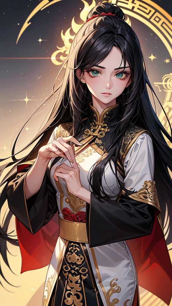 (art: 1.2), (Highest quality: 1.2) 1 female, mature, expensive (1.85cm), He looked about 25 years old, She had long black hair, Straight and shiny hair, Tied in Taoist Chinese style, Green eyes, Very fine grain, Perfect Eyes, Extremely realistic eyes, Well-formed eyes, Long eyelashes, Anime Style, Perfect Face, Mature woman&#39;s face, Fuller lips, smile, mature, Fair skin, Natural Body , Sexy Body, Mature woman&#39;s body, Perfect hands, Fine hand, Hands that are in proportion to the body, Realistic hands, Anatomically excellent arms, She was wearing a Chinese-style green dress decorated with gold and silver.、Still, her very large breasts and、Due to their size, they were unable to hide their huge, sagging breasts.。, Thick thighs, Wide Hips, Looking at the audience, Background Scene, Chinese-style pavilion hall, Posing alone Looking at the viewer