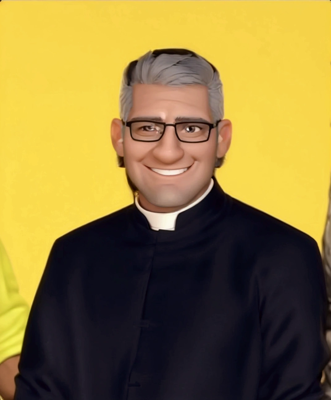 Tall man, strong body, smiling, black glasses, no beard, short gray hair, wearing a priest's costume and on a white background