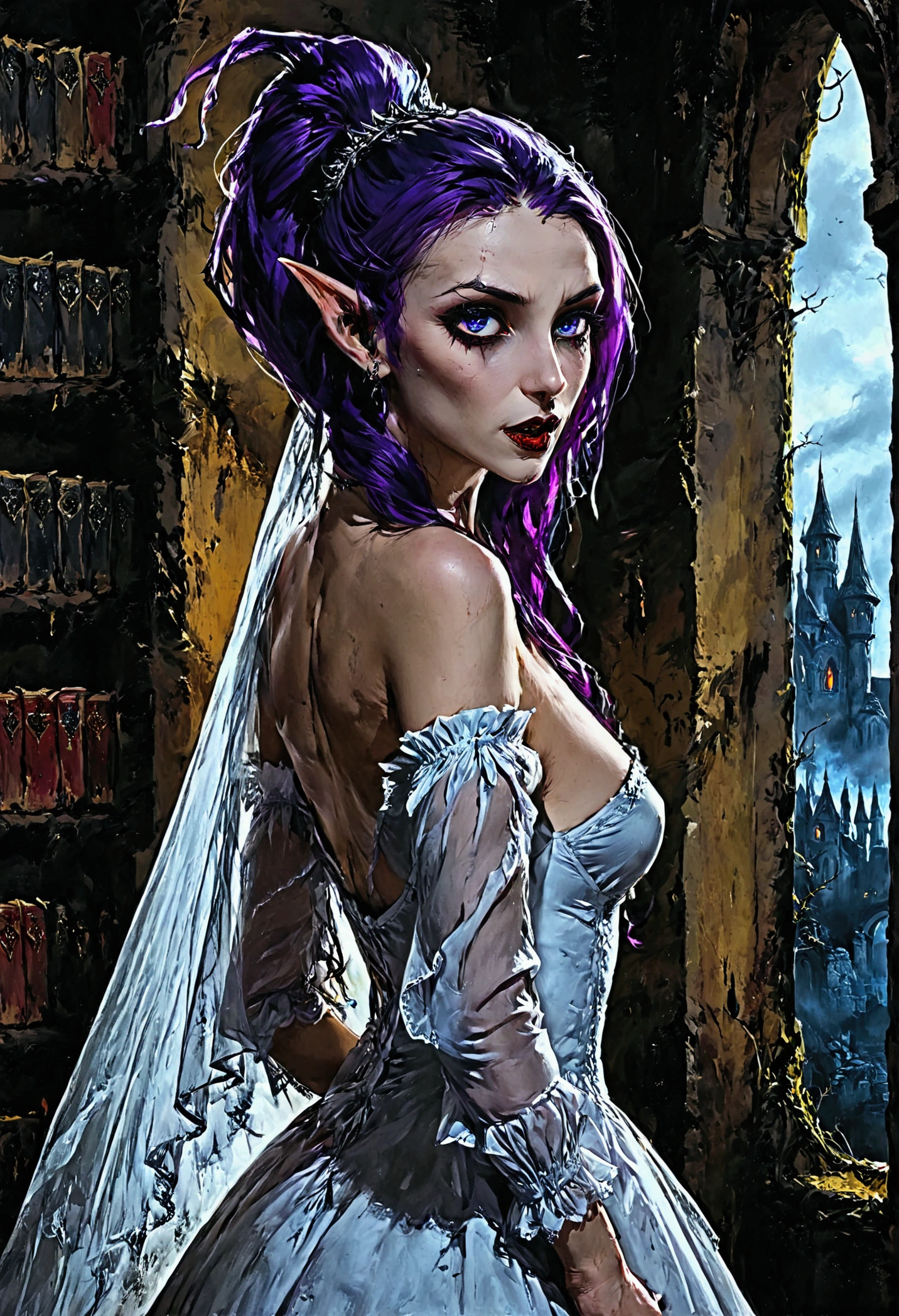 arafed a picture of elf vampire in her castle. an exquisite beautiful female elf vampire (ultra details, Masterpiece, best quality), bloody mouth, purple hair, pale skin, hair in a ponytail, long hair, blue eyes, (small pointed ears: 1.2), cold eyes, smirking, wearing white dress (ultra details, Masterpiece, best quality), red cloak, in dark fantasy library, book shelves, arafed high details, best quality, 16k, [ultra detailed], masterpiece, best quality, (ultra detailed), full body, ultra wide shot, photorealism, RAW, dark fantasy art, gothic art, wearing Haute_Couture designer dress, Dark Novel, Dark Art Painting Style, dripping blood, hud_s1n, short black dress, long sleeves, veil, thighhighs