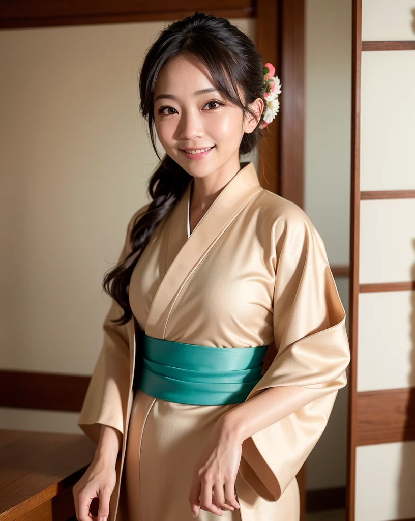 best quality, face focus, (depth of field) ,ultra high res, (photorealistic:1.4), RAW photo, Japanese-style room, alcove, hanging scroll
(portrait:1.4)
1japanese girl, solo, cute, smile, (brown eyes), natural face, (midi hair),
(kimono:1.5)