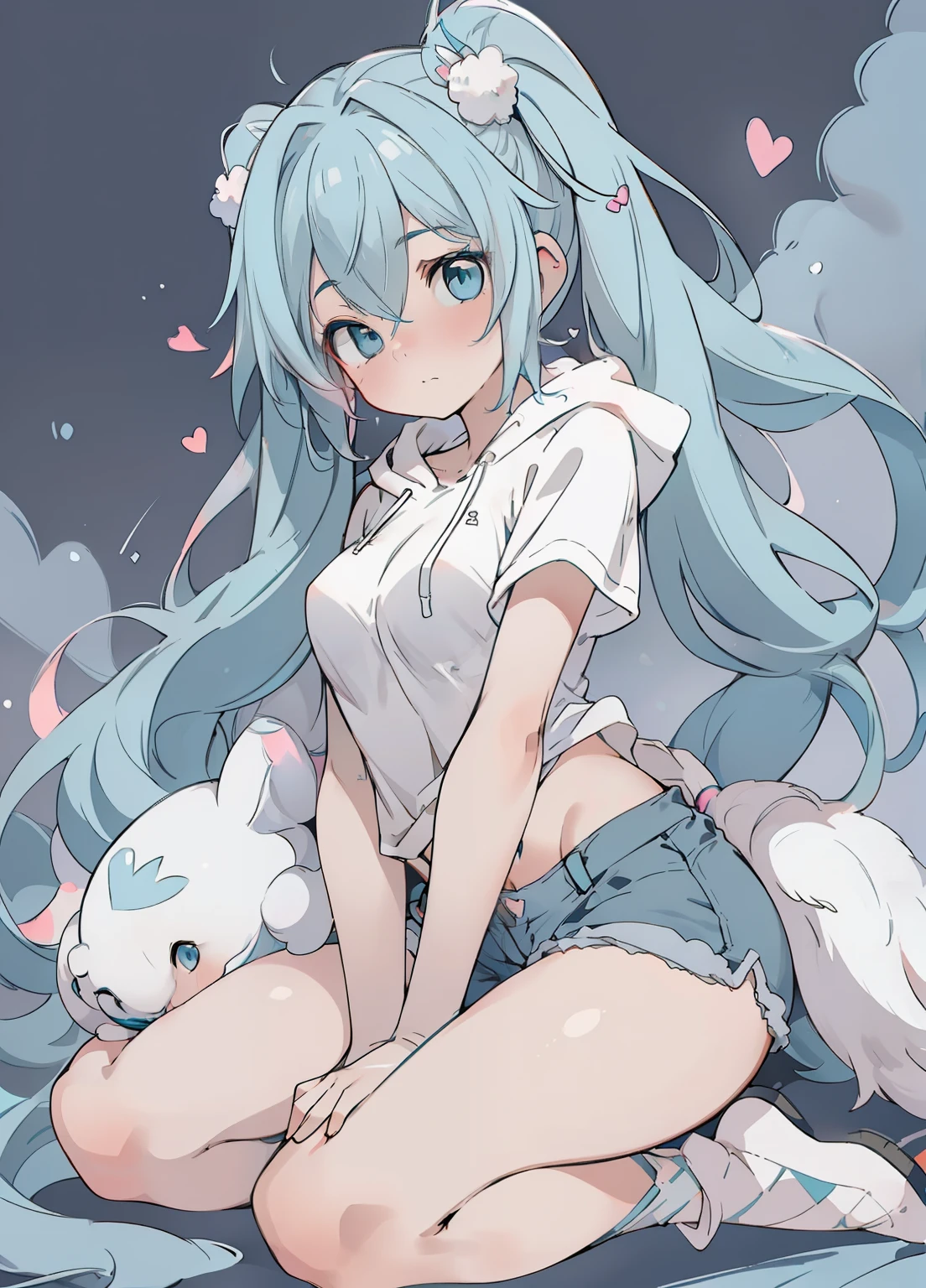 (masterpiece、Highest quality、Highest quality、Official Art、Beautiful and beautiful:1.2)、(One girl:1.3)Hatsune Miku、Twin tails,Beautiful breasts,nude nude a cute adult male with wolf ears, by white, has a wolf tail, wearing a baggy oversized black hoodie, wearing a pair of denim short shorts and fishnet stockings, thick thighs, Wide hips, Relaxing on a pile of fluffy, multicolored kawaii stuffed animals, short, very thin, showing slim belly, stretch out, heart in hoodie, soft thighs, has bright blue eyes. alone, alone (alone)(alone), surrounded by rainbow, colorful galaxy background