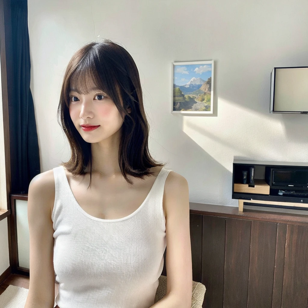 Beautiful Japanese Woman、In the living room of a stylish room、Background is a white wall、White tank top、Very large bust、The valley is visible