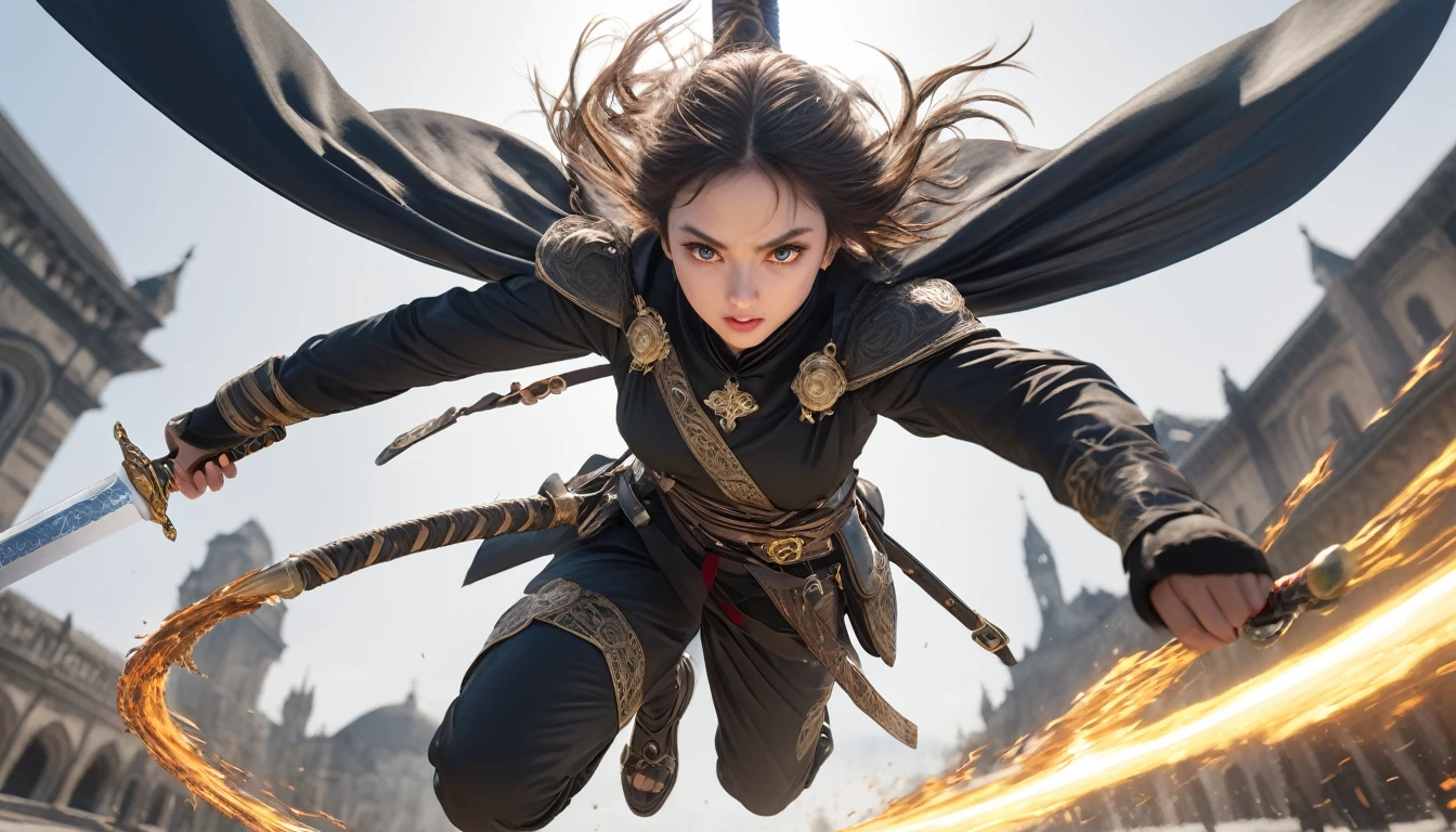 Realistic photos, RAW Photos, sword saint, dual wielding, attacks viewer, Powerful movements, jump on prey, ((Dynamic jump)),, sword saint approaching from above, sudden approach, Bad-tempered, dynamic Shot from grand,,High resolution, masterpiece, Highest quality, Intricate details, Very detailed, Clear focus,texture, Delicate eyes, Professional, 4K,Shallow and deep, Kodak Vision Color, Exactly, Very detailed, photograph_\(Extremist\), photographpractical, practical, Post-processing, Maximum details, Roughness, Real Life, Extremist practical, Photorealism, photographgraphy, 8K Ultra HD, photographgraphy
