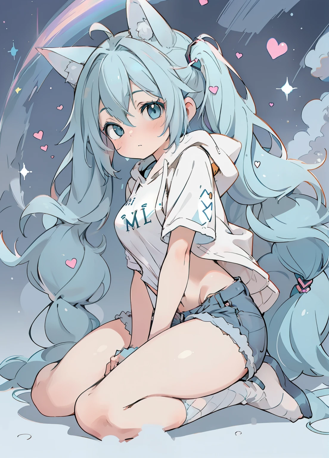 (masterpiece、Highest quality、Highest quality、Official Art、Beautiful and beautiful:1.2)、(One girl:1.3)Hatsune Miku、Twin tails,Beautiful breasts,nude nude a cute adult male with wolf ears, by white, has a wolf tail, wearing a baggy oversized black hoodie, wearing a pair of denim short shorts and fishnet stockings, thick thighs, Wide hips, Relaxing on a pile of fluffy, multicolored kawaii stuffed animals, short, very thin, showing slim belly, stretch out, heart in hoodie, soft thighs, has bright blue eyes. alone, alone (alone)(alone), surrounded by rainbow, colorful galaxy background