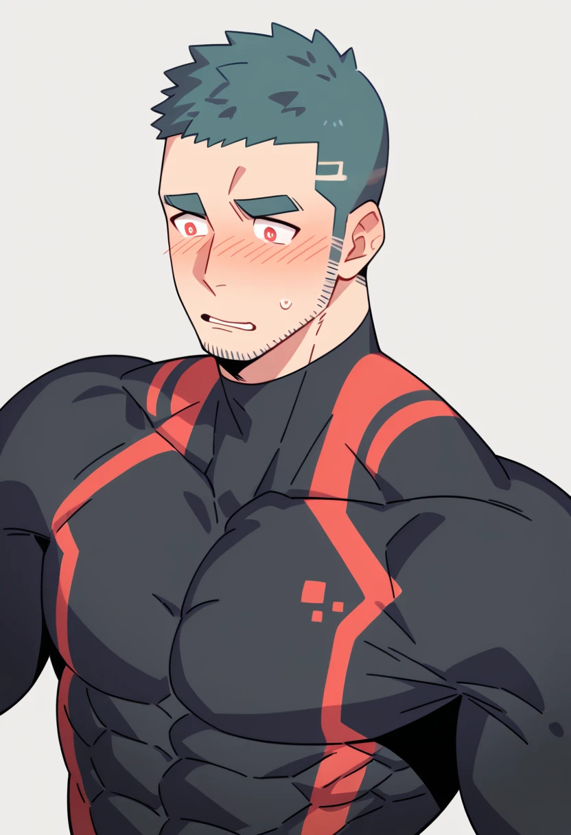 anime characters：Gyee Priapus, Muscle Sports Student, Buzz Cut, Manliness, male focus, Compression bodysuit, Red black high collar long sleeve tight diving suit, Very tight, Regular symmetrical pattern, full and perky chest muscles, muscular male, muscular, only, Upper body, alone, Red short hair, Thick eyebrows, stubble, Brown-red pupils, White background, simple background, amazing quality, best aesthetics, Ridiculous, crew cut, parted lips, flustered, endured face, shy, blush, negative space, negative space, best quality