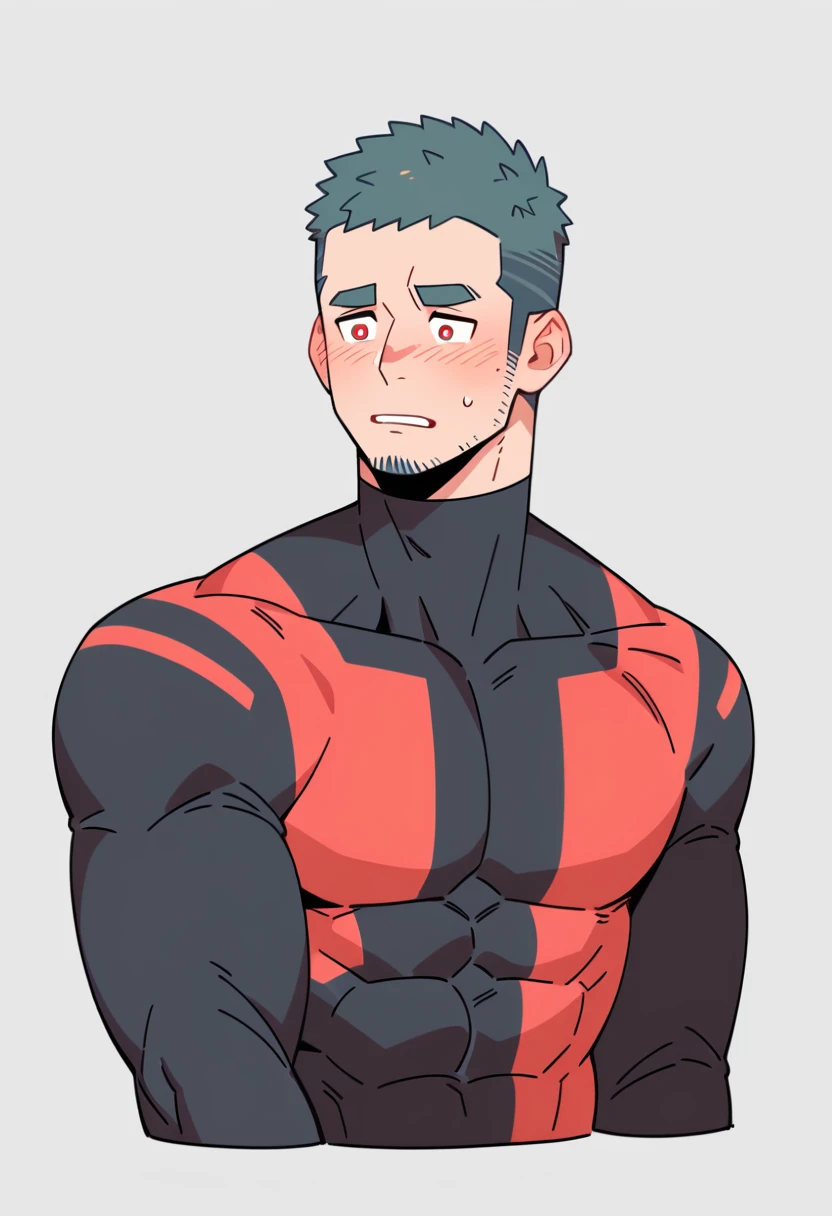 anime characters：Gyee Priapus, Muscle Sports Student, Buzz Cut, Manliness, male focus, Compression bodysuit, Red black high collar long sleeve tight diving suit, Very tight, Regular symmetrical pattern, full and perky chest muscles, muscular male, muscular, only, Upper body, alone, Red short hair, Thick eyebrows, stubble, Brown-red pupils, White background, simple background, amazing quality, best aesthetics, Ridiculous, crew cut, parted lips, flustered, endured face, shy, blush, negative space, negative space, best quality