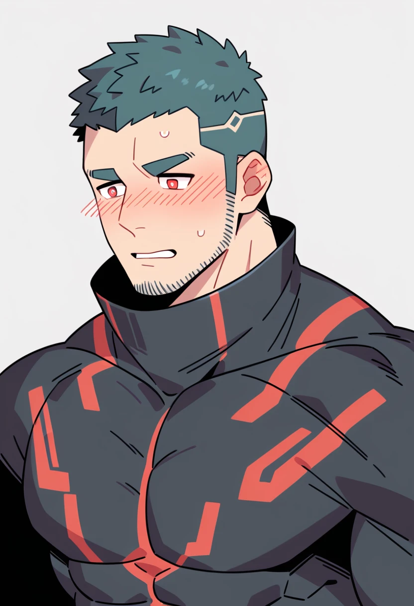 anime characters:Gyee Priapus, Muscle Sports Student, Buzz Cut, Manliness, male focus, Compression bodysuit, Red black high collar long sleeve tight diving suit, Very tight, Regular symmetrical pattern, full and perky chest muscles, muscular male, muscular, only, Upper body, alone, Red short hair, Thick eyebrows, stubble, Brown-red pupils, White background, simple background, amazing quality, best aesthetics, Ridiculous, crew cut, parted lips, flustered, endured face, shy, blush, negative space, negative space, best quality