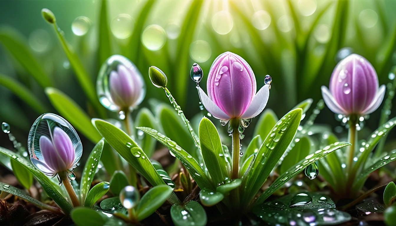 The spring sun shining brightly on the wet grass, The Chinese milk vetch droops slightly as if shedding the tears of March., Reflective petals amplify the glow, The grass blades, almost translucent with moisture, sway., Water droplets capture light and emit a dazzling spectrum, Surreal, Ultra-detailed, 32K resolution, Mossy stone peeking through the blade, The dew on the clover leaves acts as a prism, tendency. Best image quality, High resolution, Realistic, RAW Photos