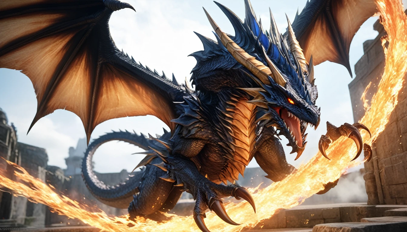 Realistic photos, RAW Photos, Bahamut, attacks viewer, Powerful movements, jump on prey, ((Dynamic jump)), Sharp Claws, Bahamut approaching from above, sudden approach, Bad-tempered, dynamic Shot from grand, flame magic,High resolution, masterpiece, Highest quality, Intricate details, Very detailed, Clear focus,texture, Delicate eyes, Professional, 4K,Shallow and deep, Kodak Vision Color, Exactly, Very detailed, photograph_\(Extremist\), photographpractical, practical, Post-processing, Maximum details, Roughness, Real Life, Extremist practical, Photorealism, photographgraphy, 8K Ultra HD, photographgraphy
