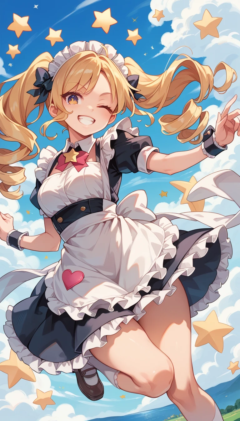 blonde hair, twin drills, maid headdress, one eye closed, grin, masterpiece, high details, super detail, best quality, highres, Maid girl, maid apron, Jumping, background(star symbol, heart symbol)