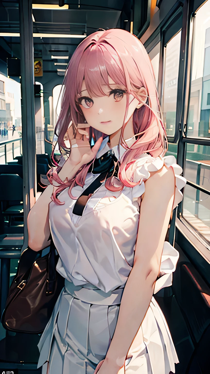 (masterpiece:1.2, Top quality),, Nice illustration, (Natural side Light, Light), 
Looking at the audience, 1 girl,Protruding nipples， Pink hair，White shirt clothes，jeans，Large Breasts，Nipple protrusion 2:1，Stand on the bus，Protruding breast nipples