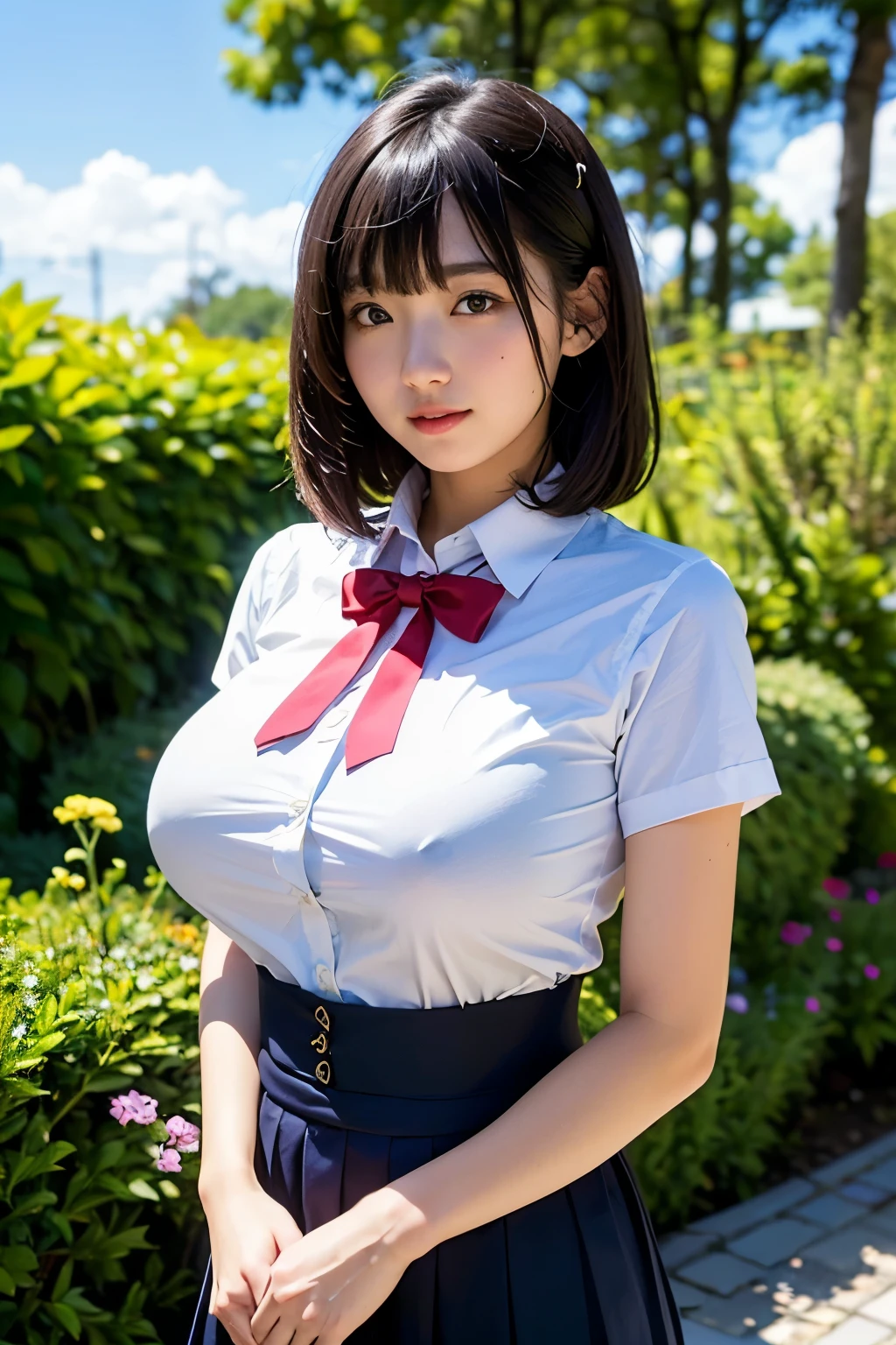 (Highest quality, 8k, 32K, masterpiece, Ultra-high resolution:1.2), Cute Japanese Girl, (Huge breasts:1.1), Short black hair, bangs,tall, (school uniform), Tight waist, (Outdoor, garden, blue sky),(high school girl),