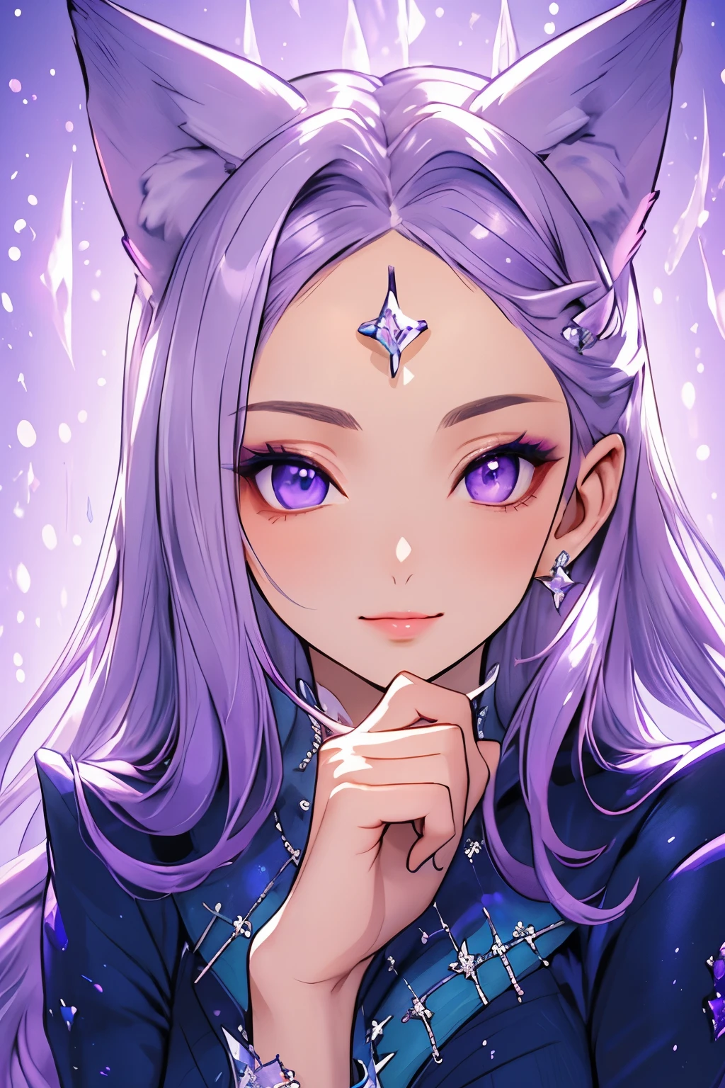 ((best quality)), ((masterpiece)), (detailed), detailed eyes, detailed hands, close up image of her face, female, light purple hair, light purple fox ears, detailed eight-pointed crystal star tattoo on her forehead, delicate and beautiful detailing, beautiful face, well-proportioned detailed purple eyes, round detailed purple eyes and makeup, beautiful detailed and clear purple eyes, volume smooth and sharp, best quality, very beautiful and meticulous eight-pointed crystal star tattoo on her forehead, delicate, must have an eight-pointed crystal star tattoo on forehead, mouth closed smile, not fully smiling, gazing out in wonder, starry background