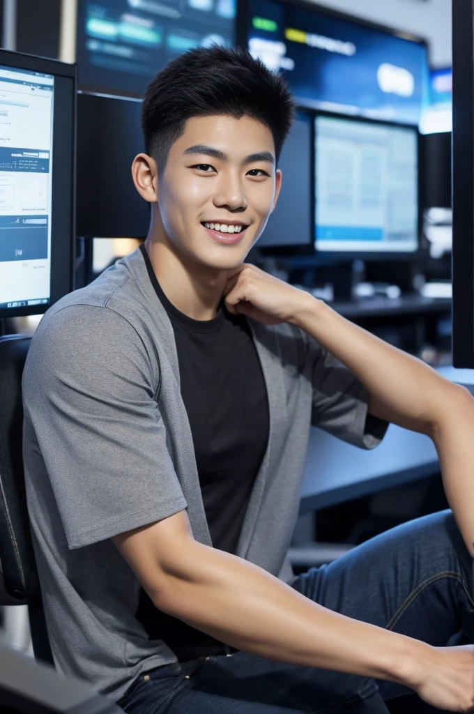 ((realistic daylight)) , Young Korean man in only a black sports shirt, no stripes, and jeans., A handsome, muscular young Asian man looks at the camera. , In a computer shop ,turn sideways, smile
