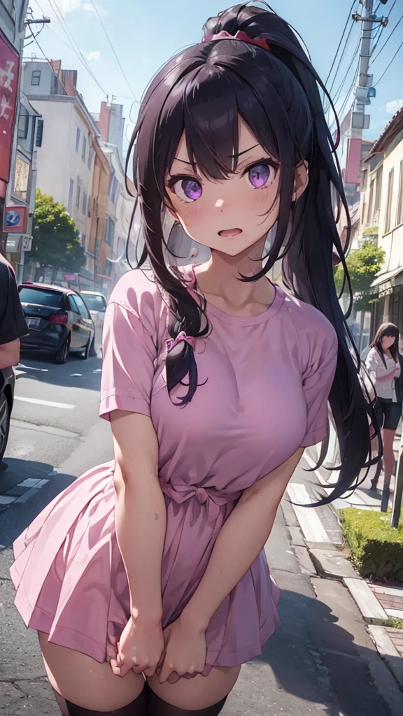 Highest quality, Very detailedな, Highest quality, Very detailed, beautiful, 8k,
female, Purple Hair, Long Hair, Pink Eyes, Very detailed目, china clothes, purple clothes, fighting, High Ponytail, Reflective Water, City Street, blue sky, strong facial expression,(sharp eye:1.2),(scowl:1.1), (stare at viewer with stern eyes:1.5), ,nsfw,(ecstasy:1.3) ,(slut:1.2),(vulgarity:1.3),(fucked silly:1.1),(steam:1.1),(Wet:0.8),(trembling:0.8),(tears:0.7) ,(drooling:0.6),(sweat:0.8),open mouth,