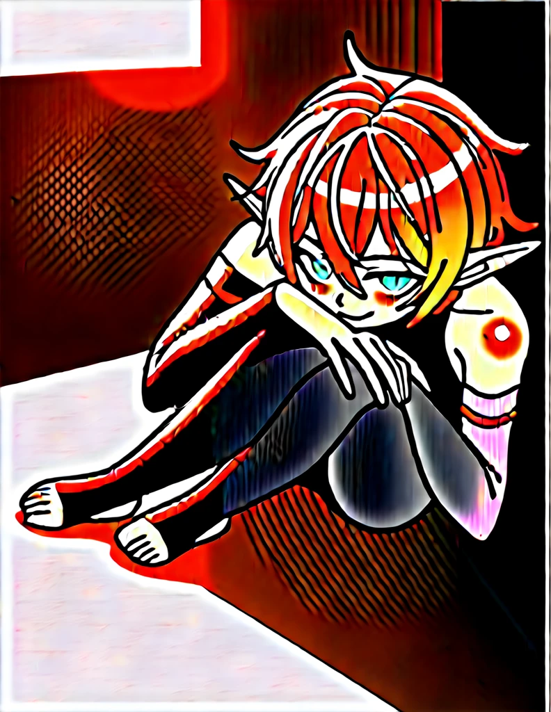 score_9, score_8_up, score_7_up, score_6_up, score_5_up, score_4_up, source_anime, BREAK, 1boy, toeless legwear, solo, sitting, crossed legs, looking at viewer, bare shoulders, indoors, leggings, stirrup legwear, sleeveless, head rest, elf, pointy ears, hair above shoulder, fluffy hair, wavy hair, hair between eyes, big eyes, green eyes, cute face, cat eyes, collarbone, black scarf, long black scarf, yellow hair, smirk, smug face, shiny feet, shiny skin, shiny hair, sunny, dramatic lighting, official artwork, wet skin, wet hair, sunny day, red flowers on floor, sexy, layered clothes, bare shoulder, long sleeve, belt, black cloak, rogue outfit, assassin's outfit, dark outfit, blood spots on clothes, assasin clothes, blood on floor, bloody drip on floor, blood drips, face focus, wet feet,