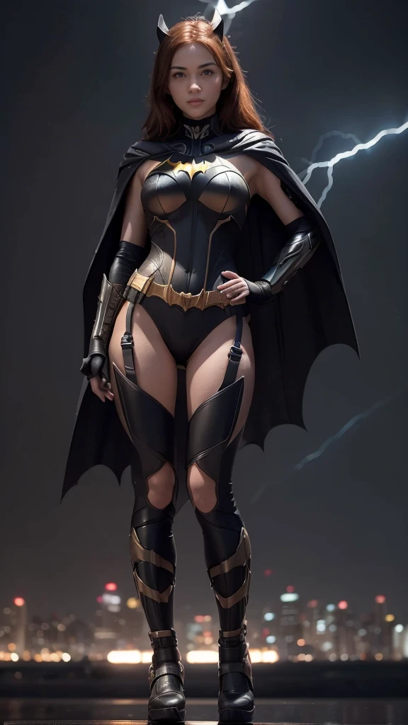 Masterpiece, Best quality, 1girl, futuristic batgirl suit, tight Batgirl suit, ((batgirl mask)), extremely beautiful, fit body, mecha armor, ((cape blown by the wind)), ((full body)), ultra details, short orange hair, from below, symmetrical pose, gotham city at night, on top of building, lightning storm, thighs gap, Cinematic lighting, batman signal in the sky, city lights