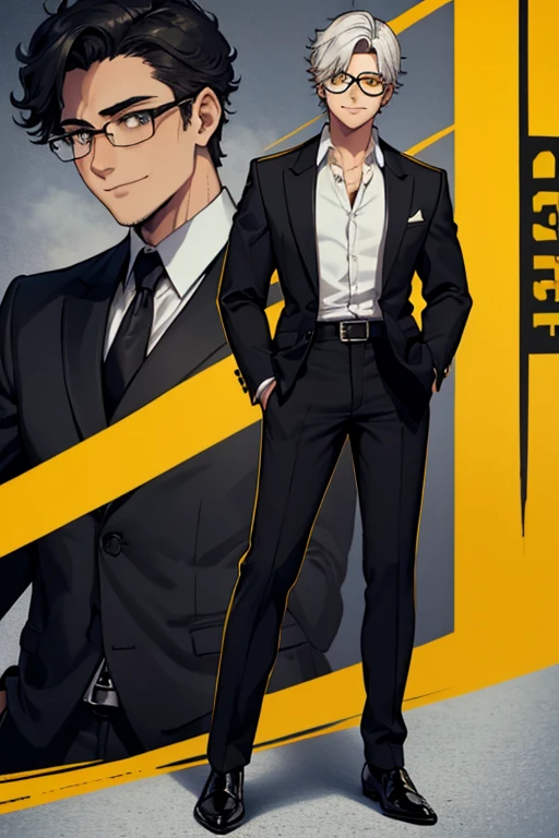 male, black short hair with silver highlights, yellow eyes, (((1boy))), (((black blazer))), (white dress shirt), (black pants), (black dress shoes), (glasses), (black belt), handsome, long legs, smiling, young