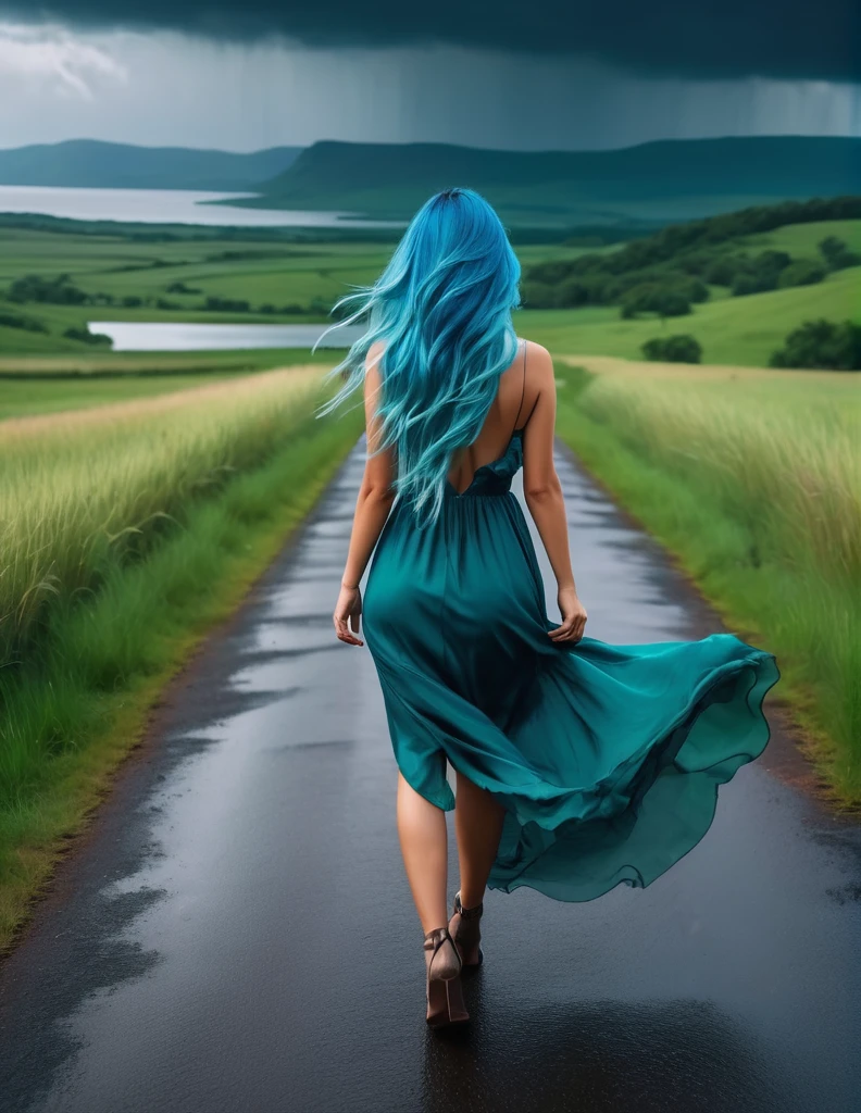 quality(8k wallpaper of extremely detailed CG unit, masterpiece, hight resolution, top-quality, top-quality real texture skin,hyper realisitic, digitial painting,increase the resolution,RAW photos,best qualtiy,highly detailed,the wallpaper),BREAK,8K, she walking away, shot from back, long messy blue hair, long blue dress, road, storm, green grass, green landscape, lake in distance,
