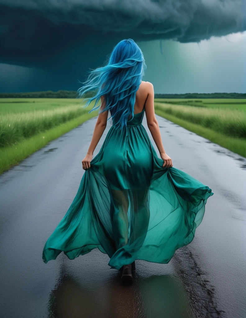 quality(8k wallpaper of extremely detailed CG unit, ​masterpiece, hight resolution, top-quality, top-quality real texture skin,hyper realisitic, digitial painting,increase the resolution,RAW photos，best qualtiy,highly detailed,the wallpaper),BREAK,8K, she walking away, shot from back, long messy blue hair, long blue dress,  road, storm, green grass, green landscape, lake in distance, 