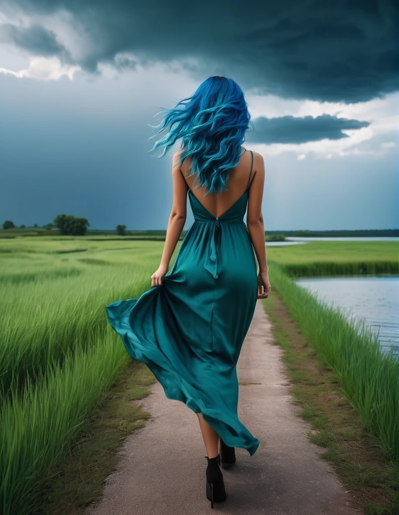 quality(8k wallpaper of extremely detailed CG unit, masterpiece, hight resolution, top-quality, top-quality real texture skin,hyper realisitic, digitial painting,increase the resolution,RAW photos,best qualtiy,highly detailed,the wallpaper),BREAK,8K, she walking away, shot from back, long messy blue hair, long blue dress, road, storm, green grass, green landscape, lake in distance,