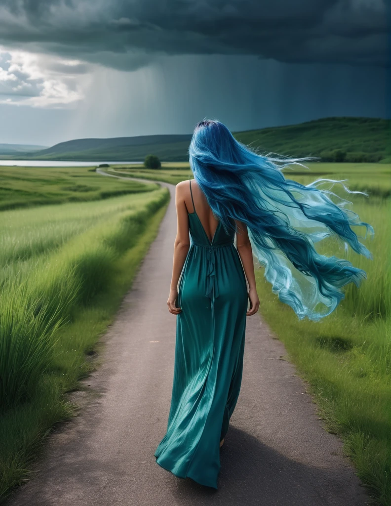 quality(8k wallpaper of extremely detailed CG unit, ​masterpiece, hight resolution, top-quality, top-quality real texture skin,hyper realisitic, digitial painting,increase the resolution,RAW photos，best qualtiy,highly detailed,the wallpaper),BREAK,8K, she walking away, shot from back, long messy blue hair, long blue dress,  road, storm, green grass, green landscape, lake in distance, 