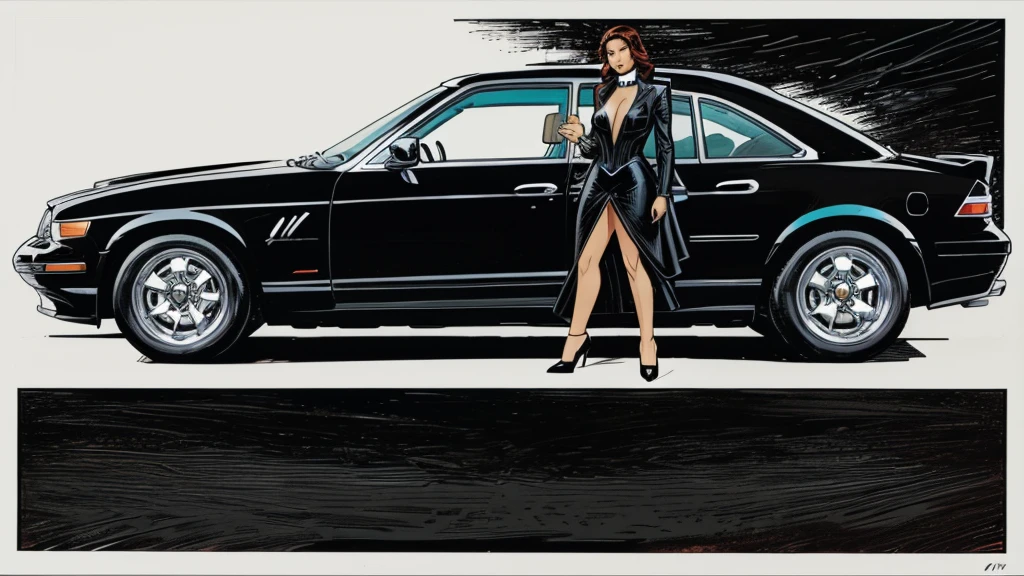 woman with car, formal wear, black car, Expensive, luxury, full view, side view, Marvel Comics Style, comics, White background, bright colors